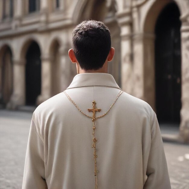 Photo a man wearing a white jacket with a cross on the back of his neck