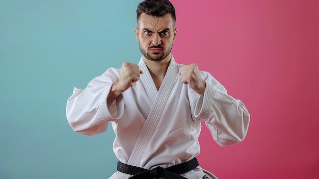 Photo a man wearing a white kimono with a black belt that says hijab