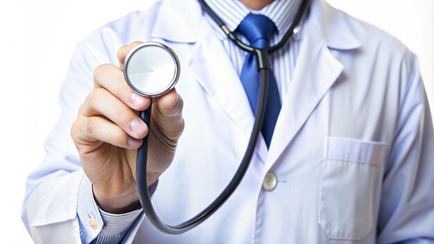 a man wearing a white lab coat holds a stethoscope