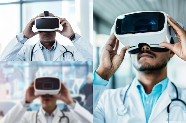 Photo a man wearing a white lab coat is wearing a virtual reality headset generative ai image