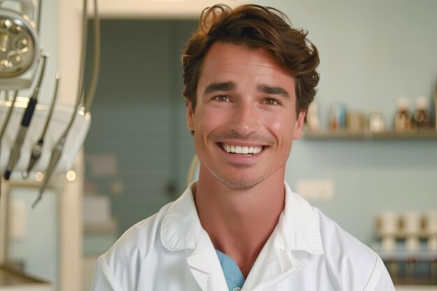 A man wearing a white lab coat and smiling holds dental instruments Generative AI