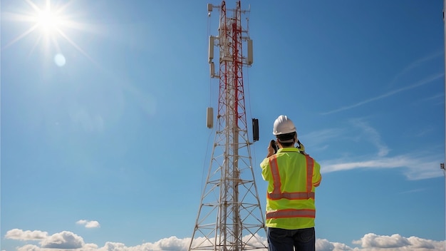 a man wearing a white safety helmet stands at a height against the background of the floor and tower