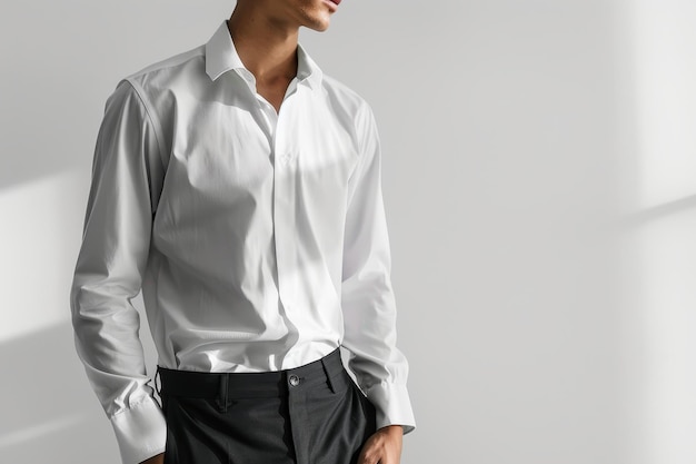 Photo a man wearing a white shirt and black pants a sleek and minimalist look that prioritizes clean lines and subtle details such as a crisp white shirt and slimfit trousers