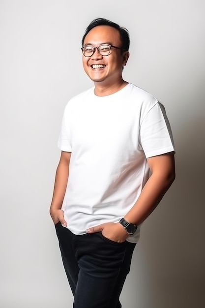 A man wearing a white shirt and black pants stands in front of a white wall.