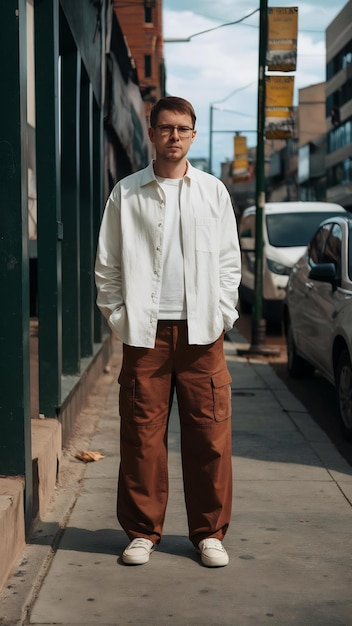 Photo a man wearing a white shirt and brown pants stands on a sidewalk