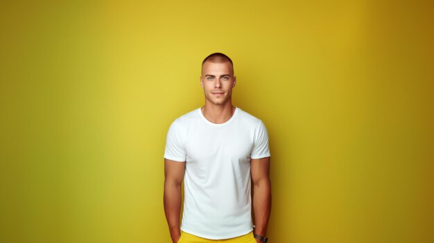 Photo man wearing white shirt mockup at yellow background tshirt mockup