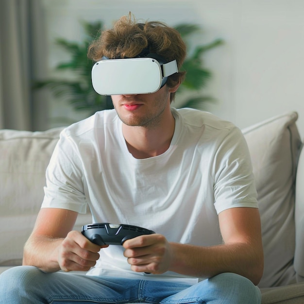 a man wearing a white shirt siting in a couch wearing virtual reality