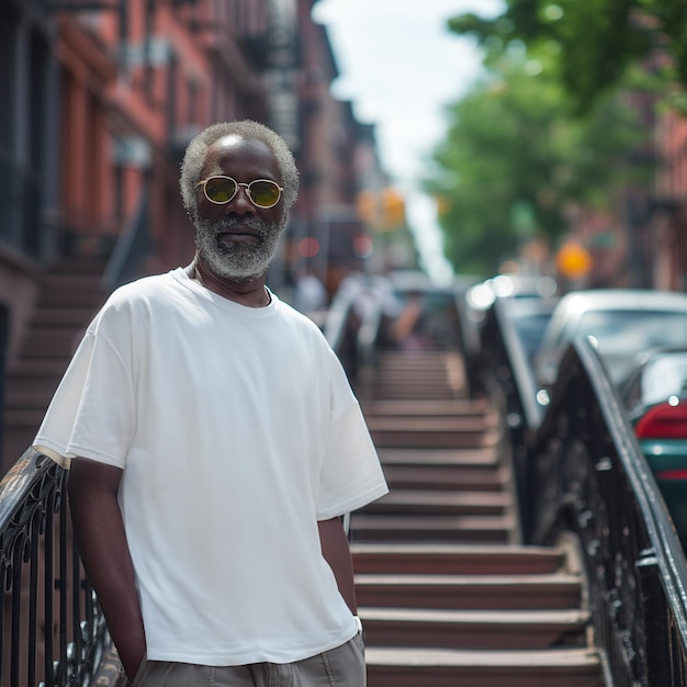 man wearing a white shirt and sunglasses stands on a bridge white tshirt mockup male model