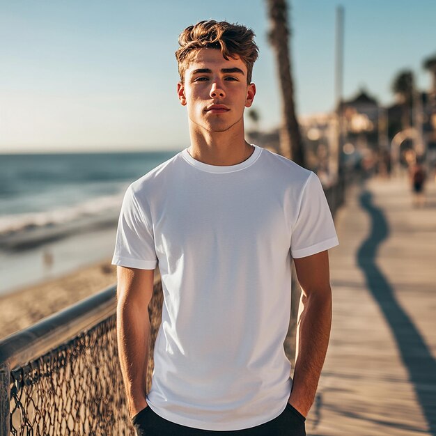 Photo a man wearing a white shirt that says quot he is standing on a boardwalk quot