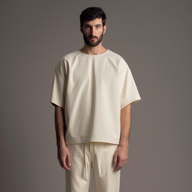 A man wearing a white shirt that says " he is standing in front of a gray wall "