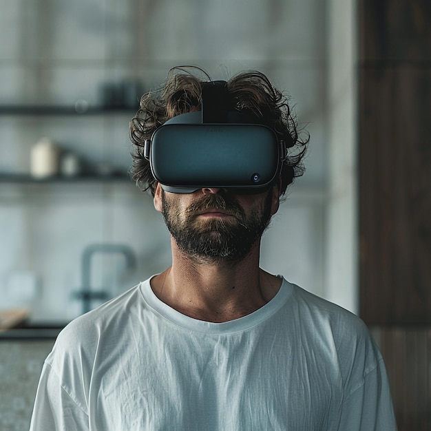 a man wearing a white shirt that says quot he is wearing a pair of virtual reality glasses quot