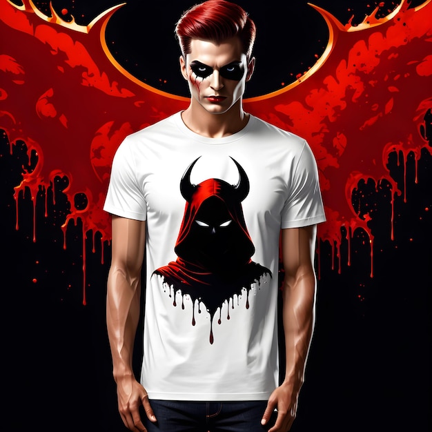 Photo a man wearing a white shirt with a devil on the front