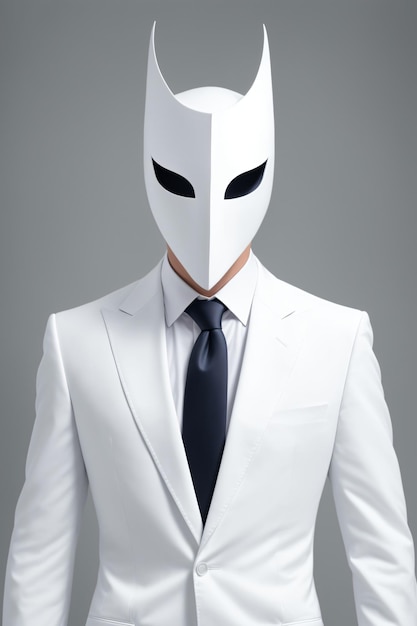 A man wearing a white suit with a mask