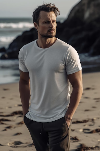 Man wearing a white t - shirt by the ocean