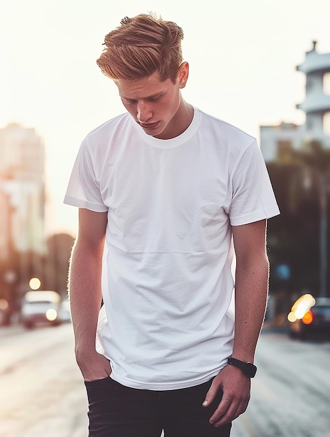 Photo man wearing white t shirt mockup in outdoor background