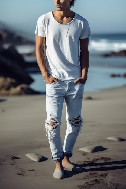 A man wearing a white t - shirt and ripped jeans stands on a beach.