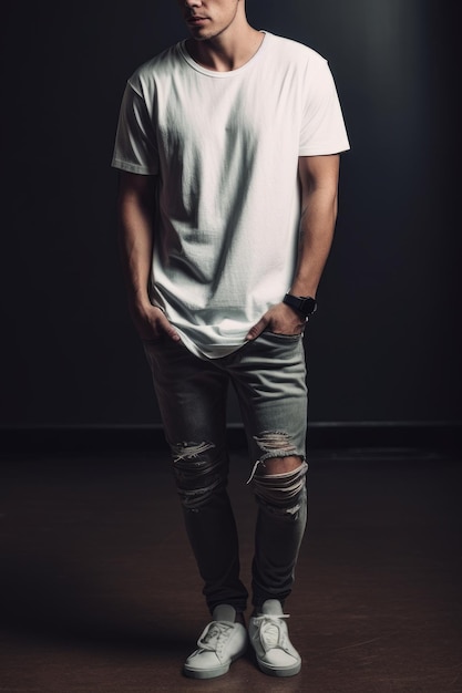 A man wearing a white t - shirt and ripped jeans stands in a dark room.