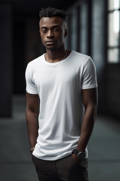 A man wearing a white t - shirt stands in a dark room with a window behind him.