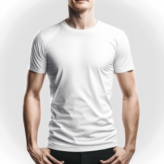 A man wearing a white t - shirt that says't - shirt'on it