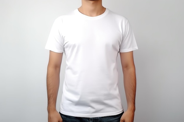 a man wearing white t shirt on white background for your designs mockup