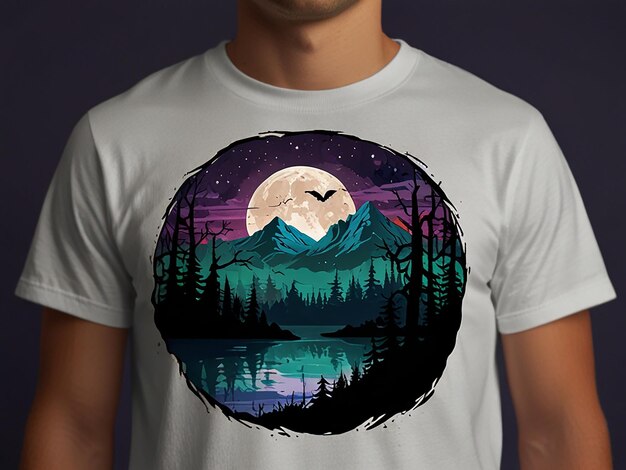 a man wearing a white t shirt with a moon and trees on it