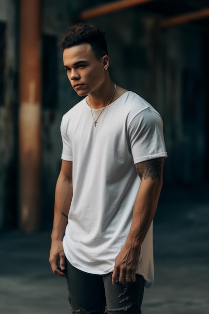 A man wearing a white t - shirt with the word love on it