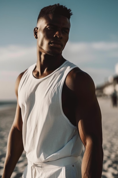 A man wearing a white tank top stands on a beach.