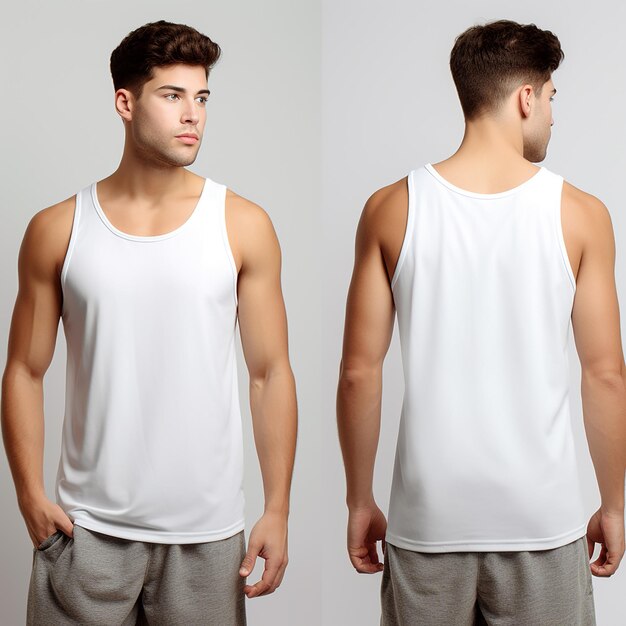 Photo a man wearing a white tank top that says quot hes wearing a white tank top quot