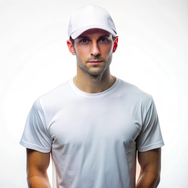 Man Wearing White TShirt and White Cap in Studio Generative AI