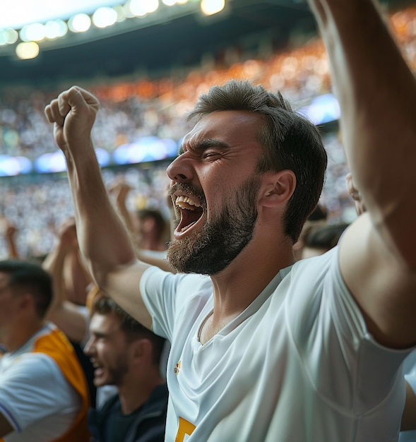 Photo a man wearing a white and yellow jersey is celebrating with the word  im on it