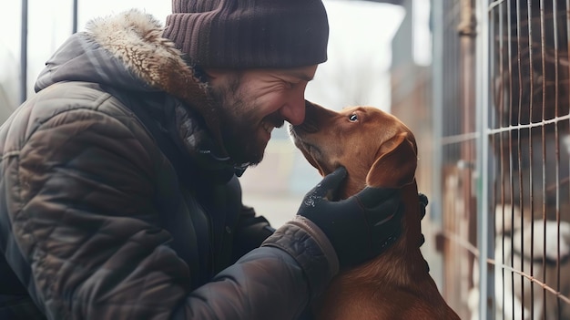 Photo a man wearing a winter jacket smiles as he pets a brown dog outside a kennel