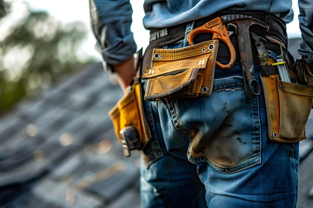 A man wearing work clothes with a tool belt on his back