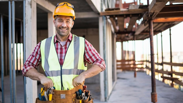 Photo a man wearing a yellow hard hat holding a drum with a yellow vest on it