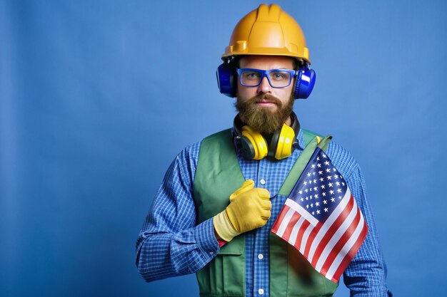 Photo a man wearing a yellow hard hat holds an american flag