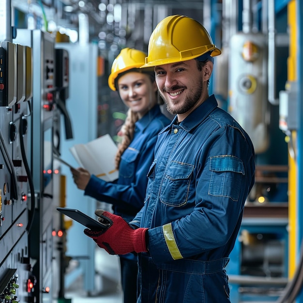 a man wearing a yellow hard hat is holding a device with the number 3 on it