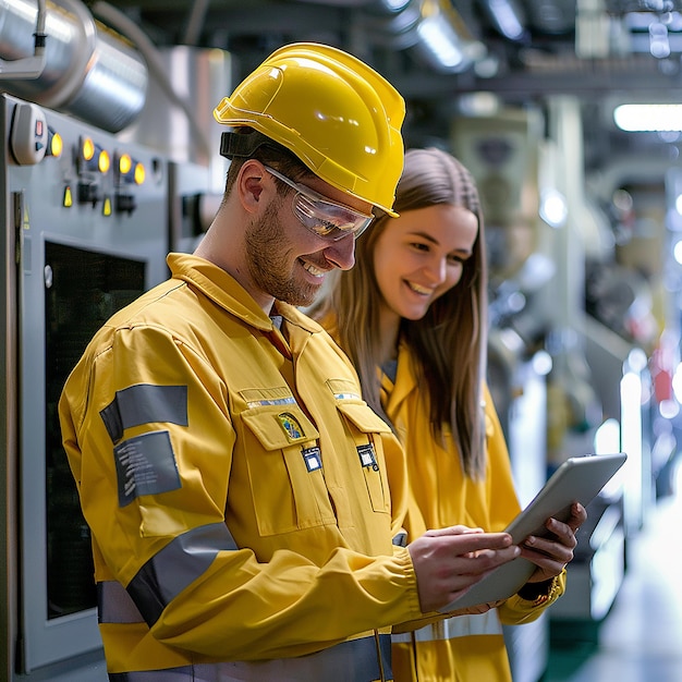 a man wearing a yellow hard hat is looking at a tablet with a woman wearing a yellow hard hat