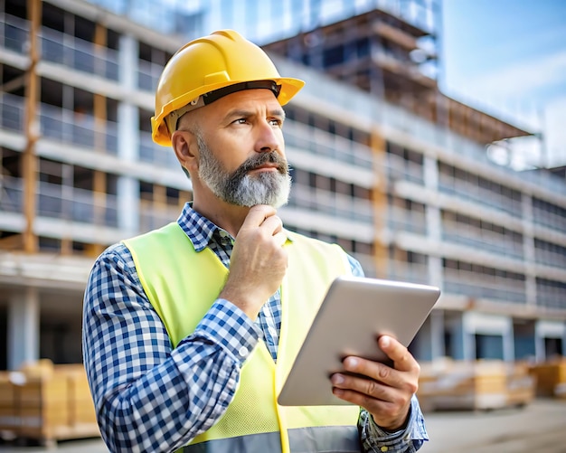 Photo a man wearing a yellow hard hat is looking at a tablet