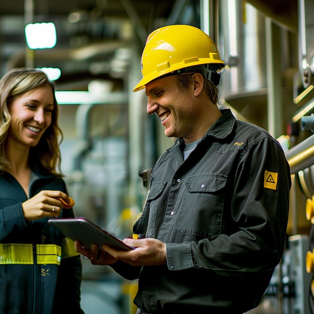 a man wearing a yellow hard hat is smiling at a woman in a yellow hard hat