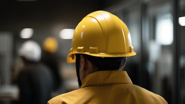 A man wearing a yellow hard hat is standing in a dark room.