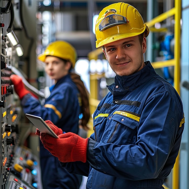 a man wearing a yellow hard hat is standing in front of a yellow helmet