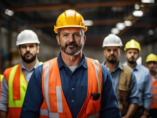 a man wearing a yellow hard hat is standing in a warehouse