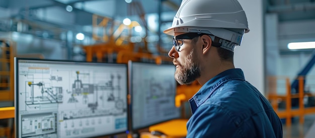 Photo a man wearing a yellow hard hat is working on a computer monitor