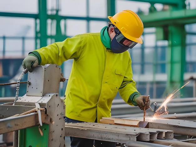 a man wearing a yellow hard hat is working on a piece of wood