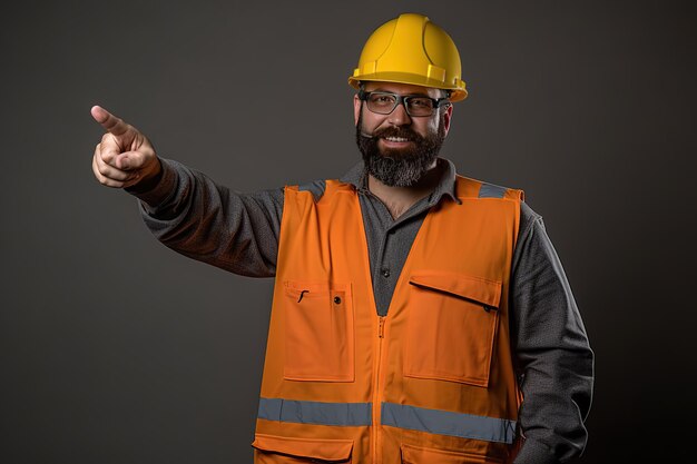 A man wearing a yellow hard hat and orange vest points to the right.