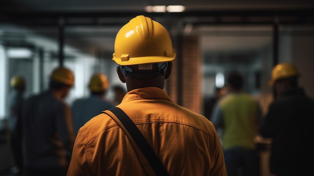 A man wearing a yellow hard hat stands in a building with other people in the background.