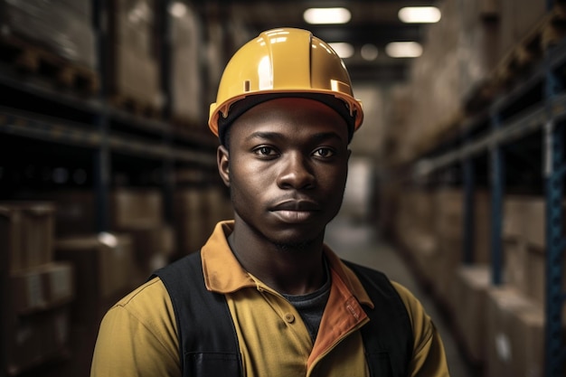 A man wearing a yellow hard hat stands in a warehouse with boxes on the floor.