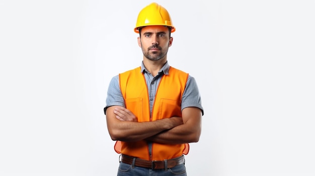 A man wearing a yellow hard hat stands with his arms crossed