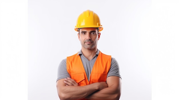 A man wearing a yellow hard hat and vest stands with his arms crossed