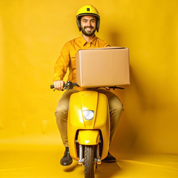 a man wearing a yellow helmet rides a yellow scooter