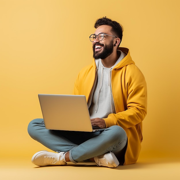 a man wearing a yellow hoodie with a laptop on his lap top